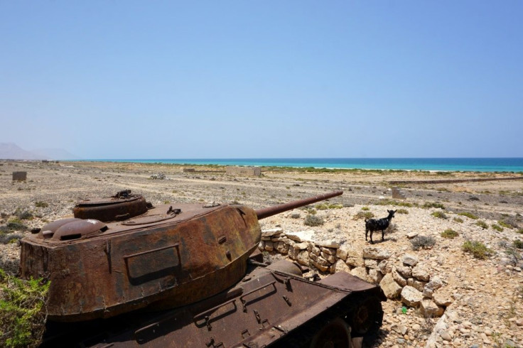 A Soviet-era tank rusts on the northern coast of the Yemeni island of Ghubbah