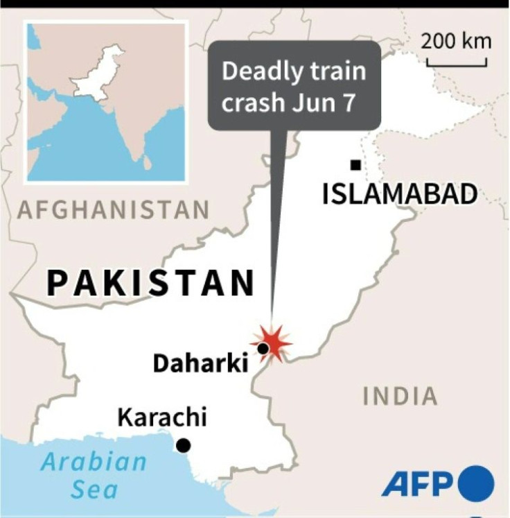Map of Pakistan locating the city of Daharki near where an intercity passenger train derailed on Monday, killing more than two dozen people.