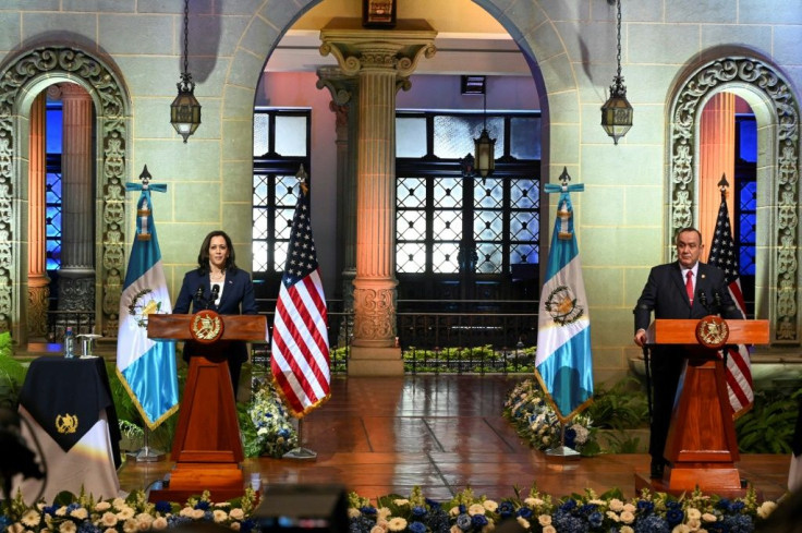 US Vice President Kamala Harris (L) and Guatemalan President Alejandro Giammattei deliver a joint press conference in Guatemala City