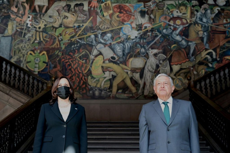 Vice President Kamala Harris and Mexican President Andres Manuel Lopez Obrador arrive at the National Palace for talks