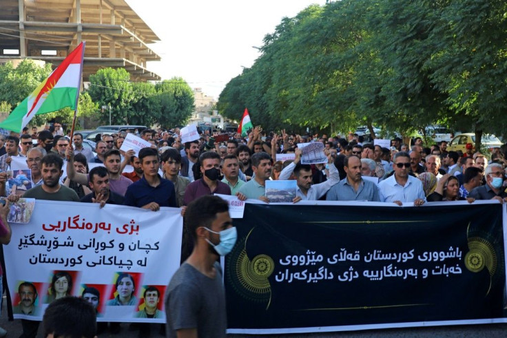 Iraqi Kurds demonstrate in the northeastern city of Sulaimaniyah against a Turkish offensive in northern Iraq