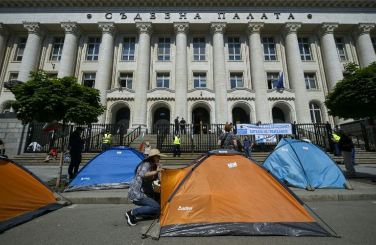 Tents outside the Justice Palace in Sofia, where protesters called Bulgaria's chief prosecutor a "mafioso"