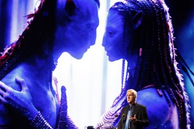 James Cameron delivers a keynote address in front of an image of his movie &quot;Avatar&quot; during the Seoul Digital Forum 2010