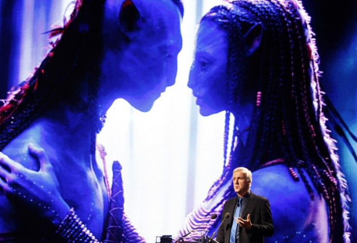 James Cameron delivers a keynote address in front of an image of his movie &quot;Avatar&quot; during the Seoul Digital Forum 2010