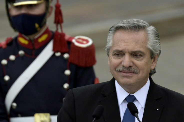Argentina's President Alberto Fernandez is seen during a press conference in Buenos Aires on June 9, 2021