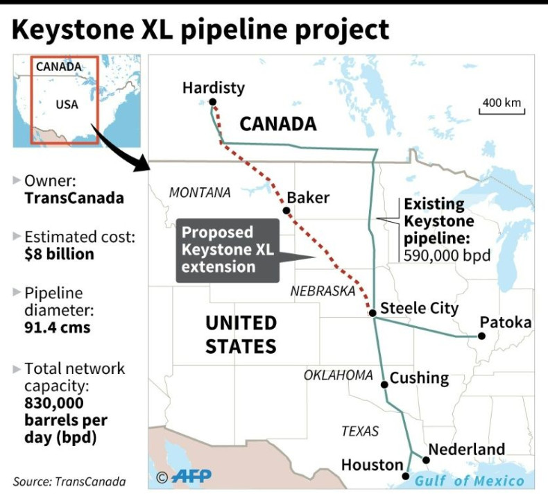 Map of Canada and the US showing the proposed route of the canceled Keystone XL pipeline
