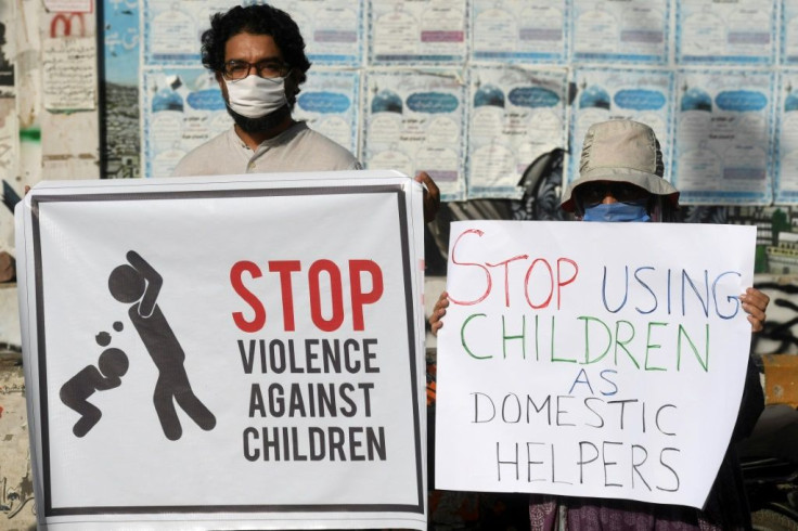 Activists protest against child labour and violence against children in Karachi in 2020