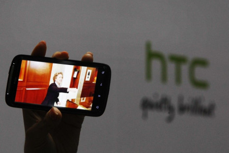 A new HTC Android-based smartphone &quot;Sensation&quot; is displayed during a news conference for the launch of the product in Taipei