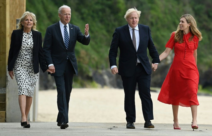 Johnson (2R) and his wife Carrie Johnson (R) met with Biden and US First Lady Jill Biden in Cornwall on Thursday