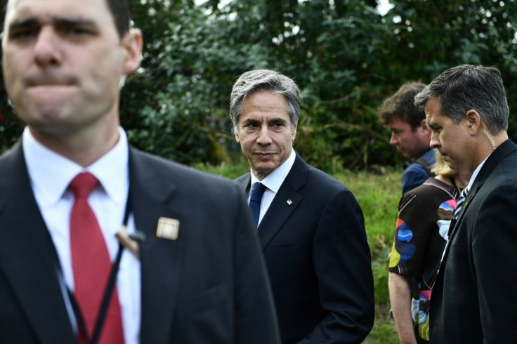 US Secretary of State Antony Blinken leaves after listening to President Joe Biden make a speech on the Covid pandemic in St Ives, Cornwall ahead of a Group of Seven summit