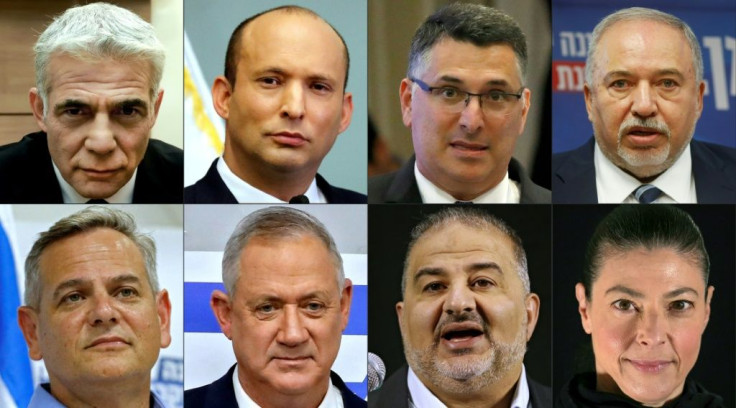 A combination of pictures created on June 2 shows the heads of Israel's newly-announced 'change' coalition who are united by their hostility to Benjamin Netanyahu, Israel's longest-serving prime minister whose rule could end on Sunday