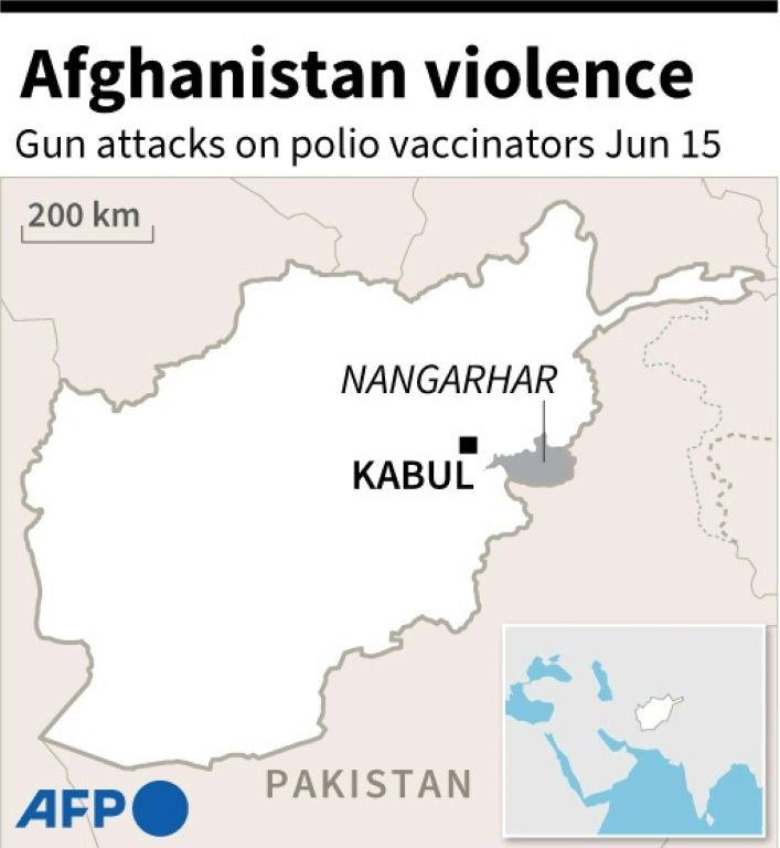 Map of Afghanistan locating places where polio vaccinators were targetted in gun attacks on June 15