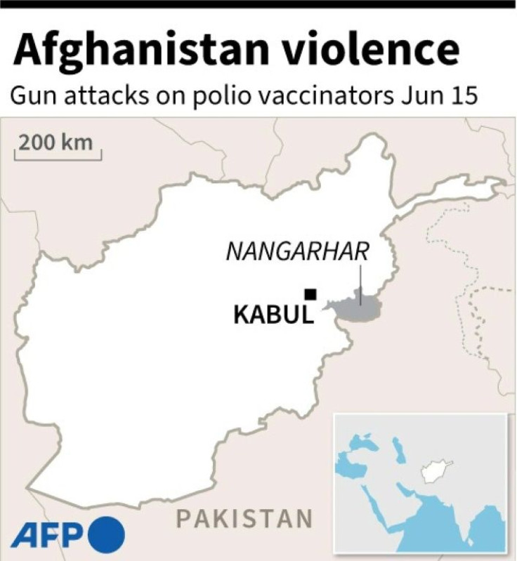 Map of Afghanistan locating places where polio vaccinators were targetted in gun attacks on June 15
