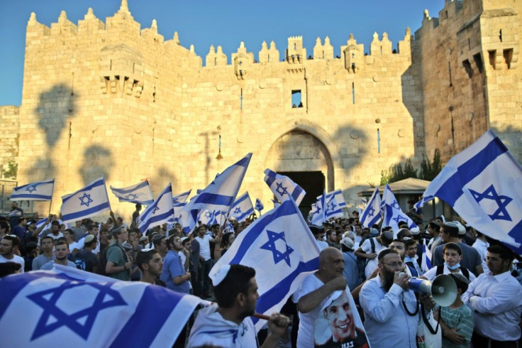 Ultranationalist Israelis demonstrate outside the flashpoint Damascus Gate in Jerusalem to mark Israel's 1967 "re-unification" of the city