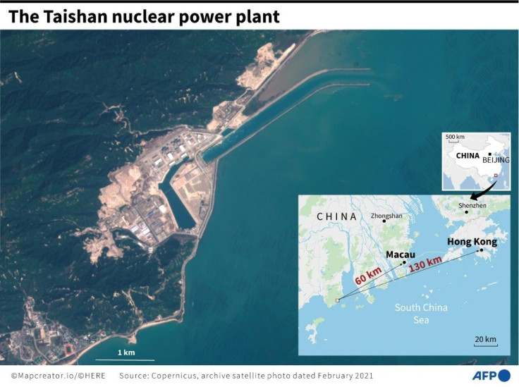 Satellite photo of the Taishan nuclear power plant in China with distances to Macau and Hong Kong.