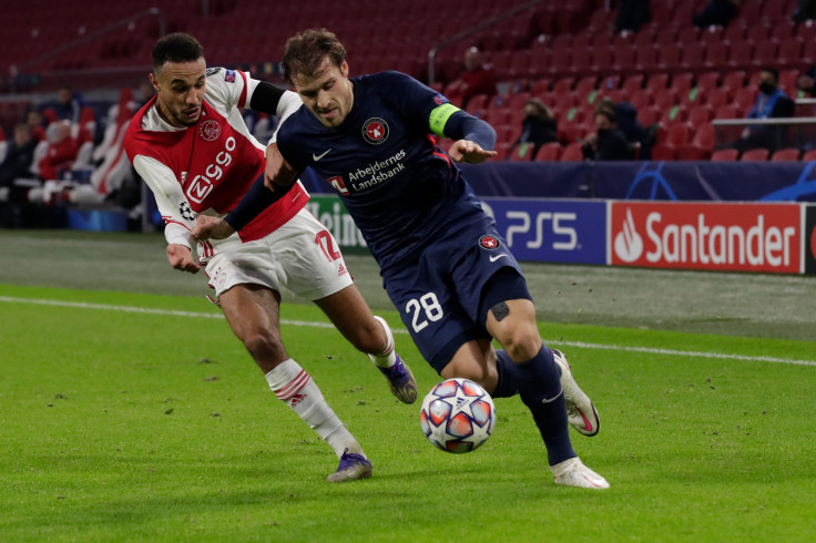 Noussair Mazraoui of Ajax, Erik Sviatchenko of FC Midtjylland 