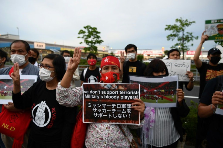 Demonstrators protested against the military coup in Myanmar outside the stadium in Chiba when Japan and Myanmar played last month