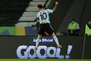 Lionel Messi celebrates his goal against Chile in the first Group A match of the Copa America June 14, 2021 at the Nilton Santos Olympic Stadium in Rio de Janeiro