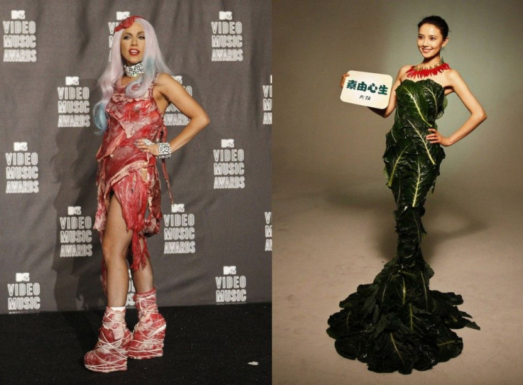 Combo picture of Lady Gaga wearing a meat dress and Gao Yuanyuam wearing a cabbage dress