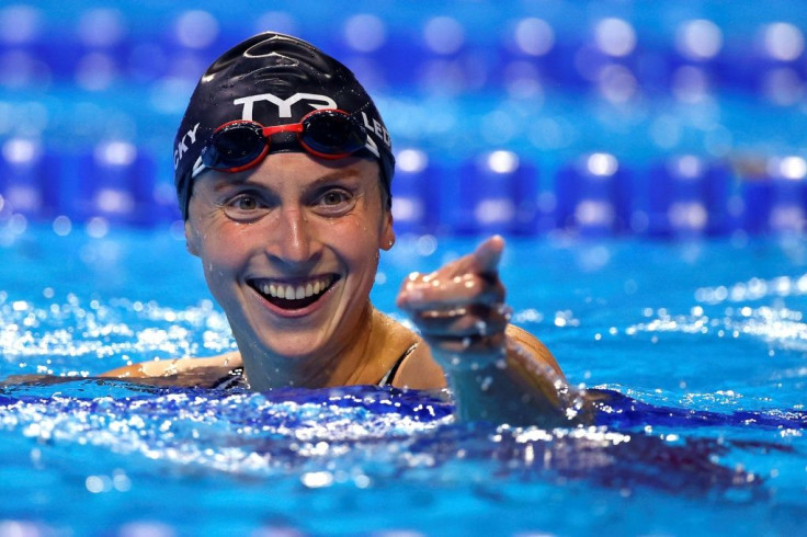 Katie Ledecky reacts after winning the 800m freestyle at the US Olympic swimming trials