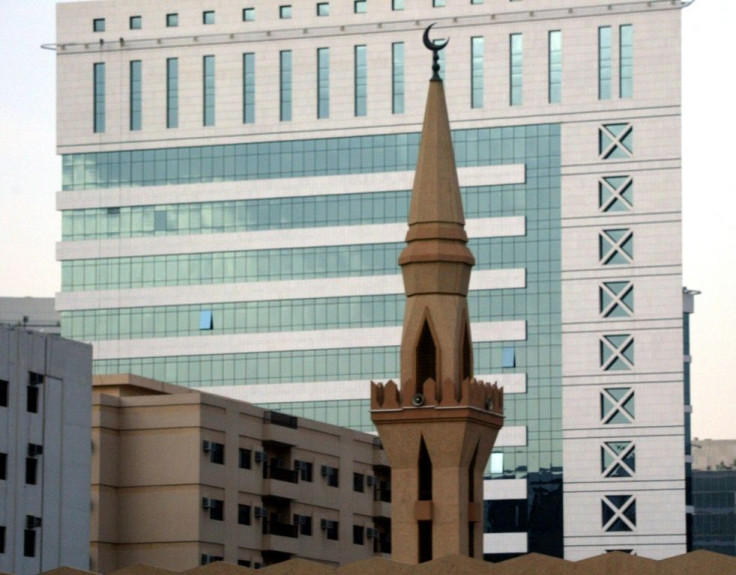 Minaret of a mosque pictured in front of the modern King Faisal Foundation building in the Saudi capital Riyadh