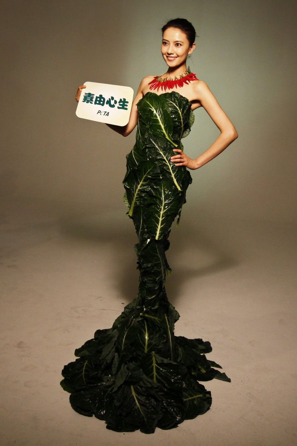 Chinese movie star Gao poses in a gown made of lettuce and cabbage leaves during an event organized by PETA in Beijing