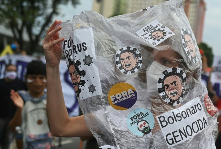 A demonstrator protests against Brazilian President Jair Bolsonaro's handling of the Covid-19 pandemic in Rio de Janeiro