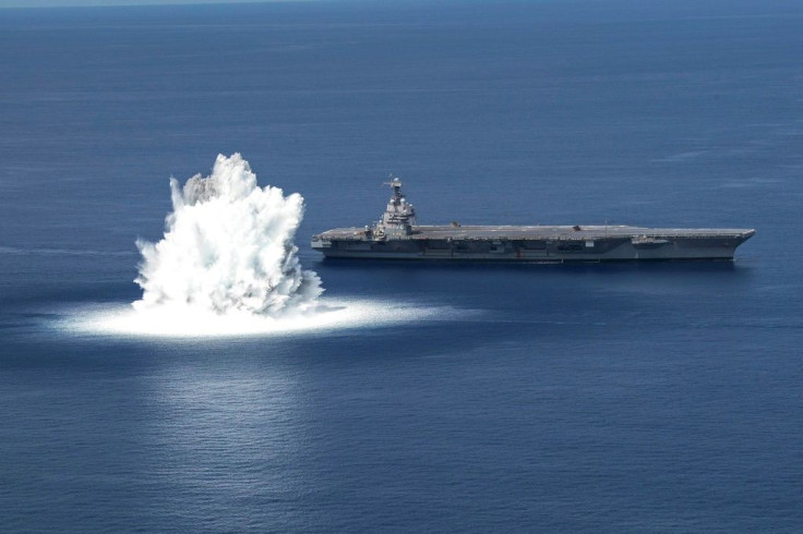 The USS Gerald R. Ford completes its first scheduled Full Ship Shock Trial in the Atlantic Ocean on June 18, 2021