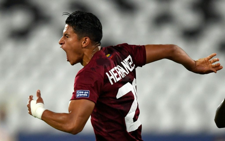 Venezuela's Ronald Hernandez celebrates his injury time equalizer against Ecuador at the Copa America