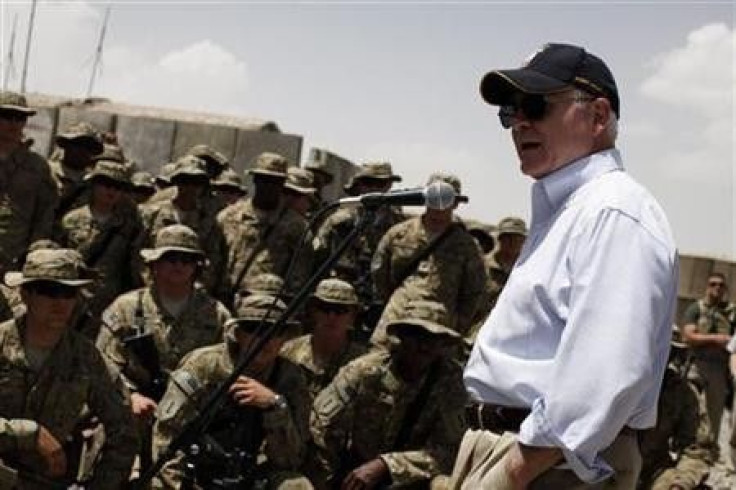 U.S. Secretary of Defense Robert Gates speaks to troops at Combat Outpost Andar in Ghazni Province, Afghanistan,
