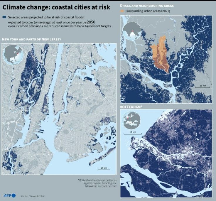 Selected areas projected to be at risk of coastal floods that are expected to occur (on average) at least once per year by 2050, even if global carbon emissions are reduced roughly in line with Paris Agreement targets.