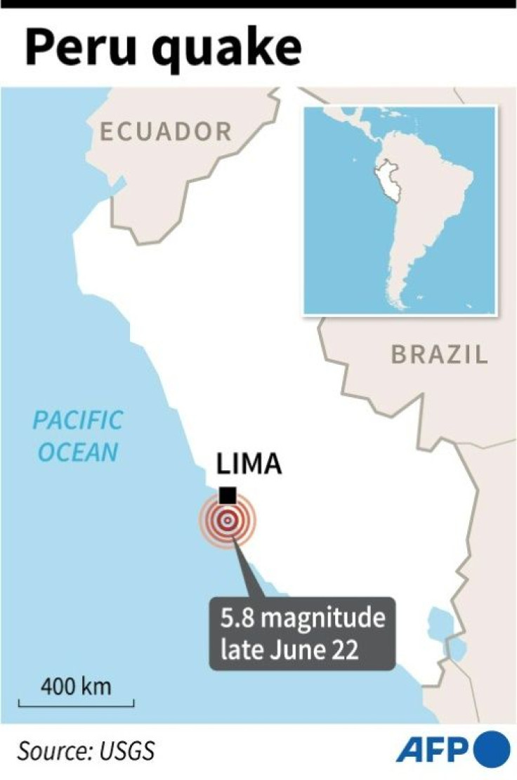 Map of Peru locating a 5.8 magnitude quake which struck late Tuesday off the central coast.