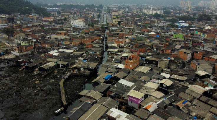 Aerial view of the Dique da Vila Gilda favela, in Santos, Sao Paulo state, Brazil, on June 10, 2021