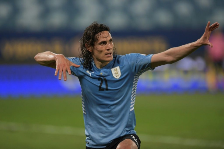 Uruguay's Edinson Cavani celebrates after scoring against Bolivia at the 2021 Copa America in Brazil