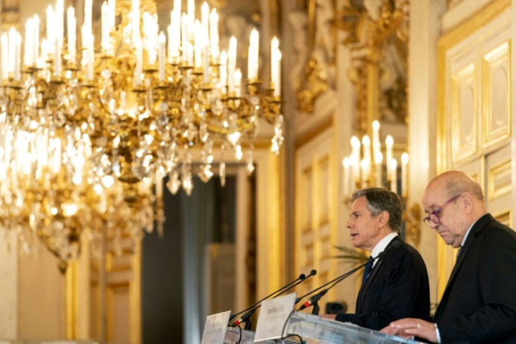 US Secretary of State Antony Blinken (left) and French Foreign Affairs Minister Jean-Yves Le Drian speak at a news conference at the Quai d'Orsay, the French foreign ministry