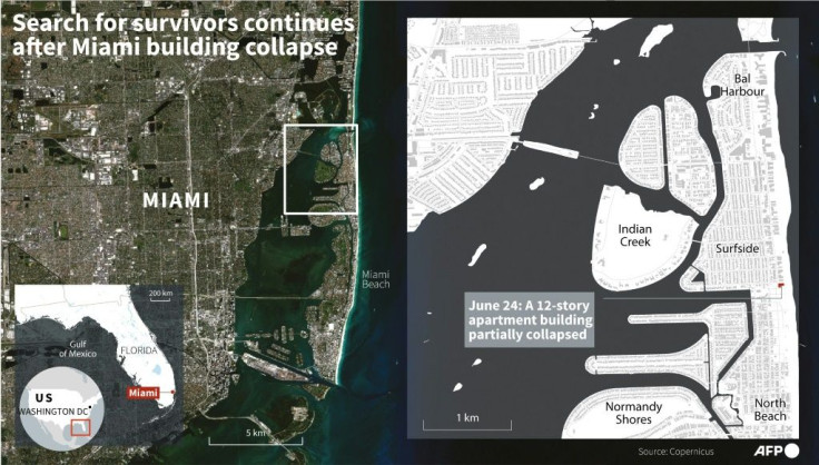 Map of Miami, Florida, locating a partially collapsed 12-story oceanfront apartment building where rescuers continue to search for survivors with scores of people unaccounted for.