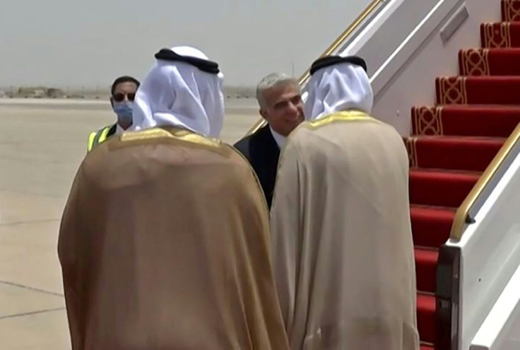 A grab from an AFPTV video shows Emirati officials welcoming Israeli alternate Foreign Minister Yair Lapid upon arrival at Abu Dhabi airport
