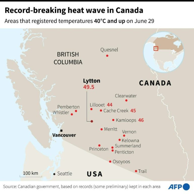Map of Canada's British Columbia locating the areas that have registered temperatures of 40 degrees Celsius and up on June 29, with Lytton at 49.5 degrees