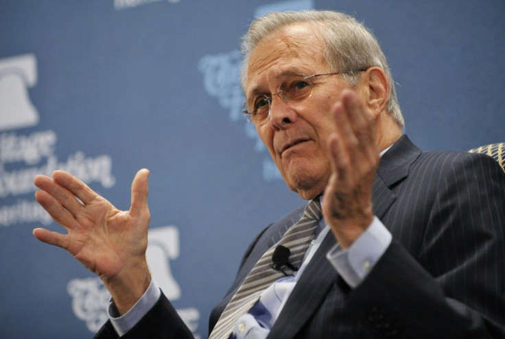Former US defense secretary Donald Rumsfeld discussed his memoir "Known and Unknown" at the Heritage Foundation in 2011