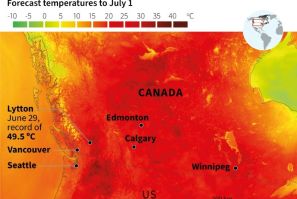 Eastern Canada and the US have posted record temperatures during an extreme heat waves, map showing forecast temperatures to July 1, 2021