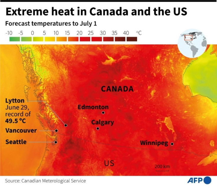 Eastern Canada and the US have posted record temperatures during an extreme heat waves, map showing forecast temperatures to July 1, 2021