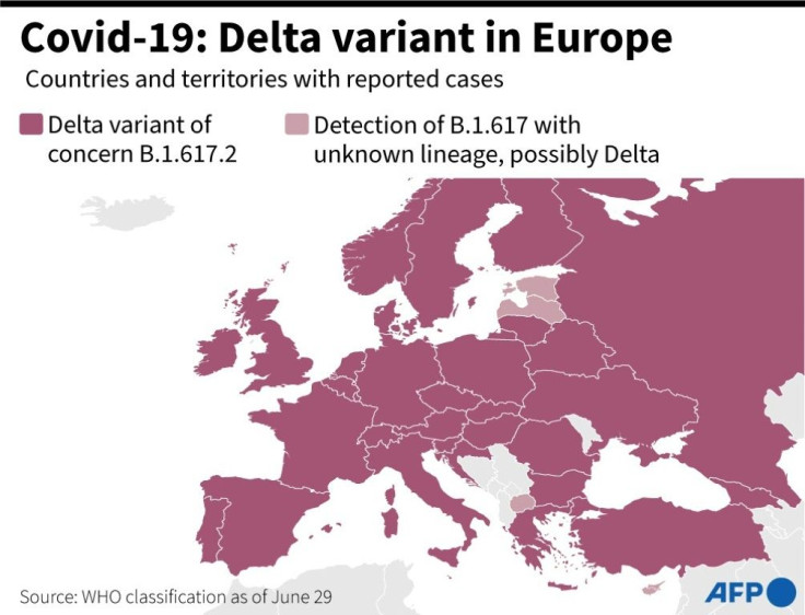 Map showing the European countries where the Delta variant of the coronavirus (SARS-CoV-2 B.1.617.2) has been detected, according to WHO as of June 29.