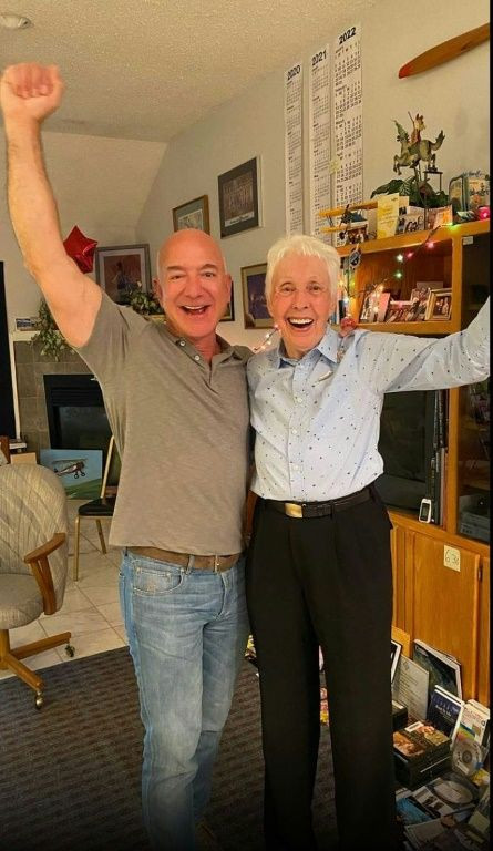 Jeff Bezos tells an excitd Wally Funk that she will finally fly to space