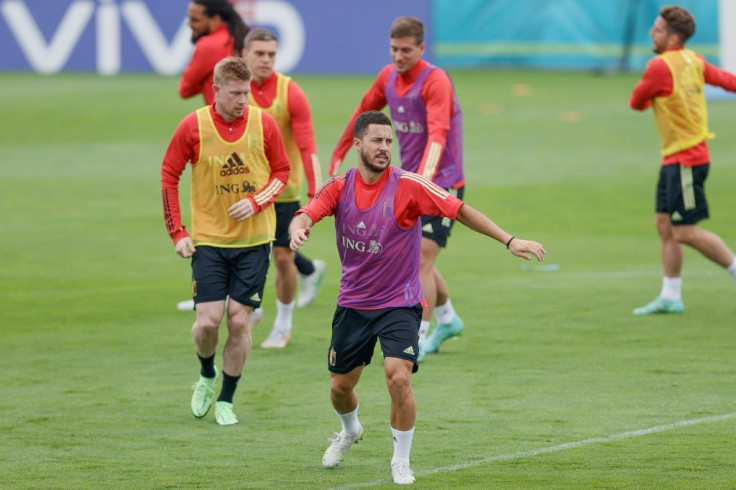 Eden Hazard (front) and Kevin De Bruyne at Belgium's training base during the Euro