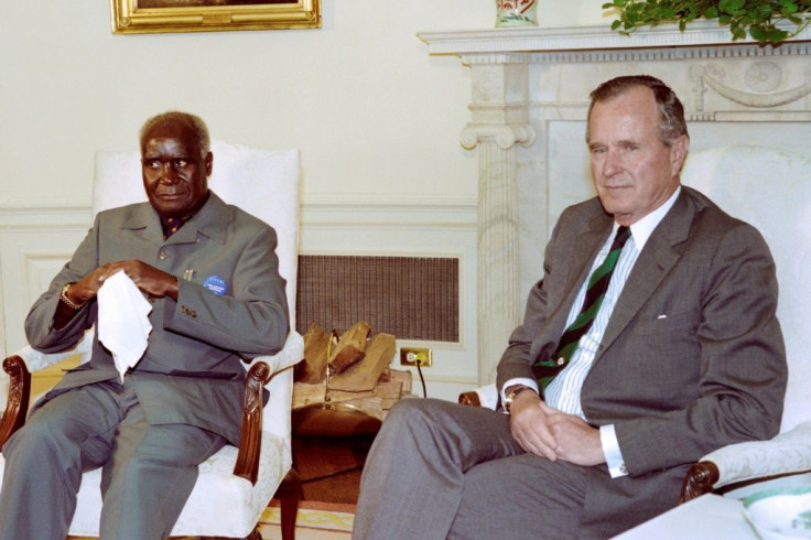 Handkerchief: Kaunda and former US President George Bush in June 1989