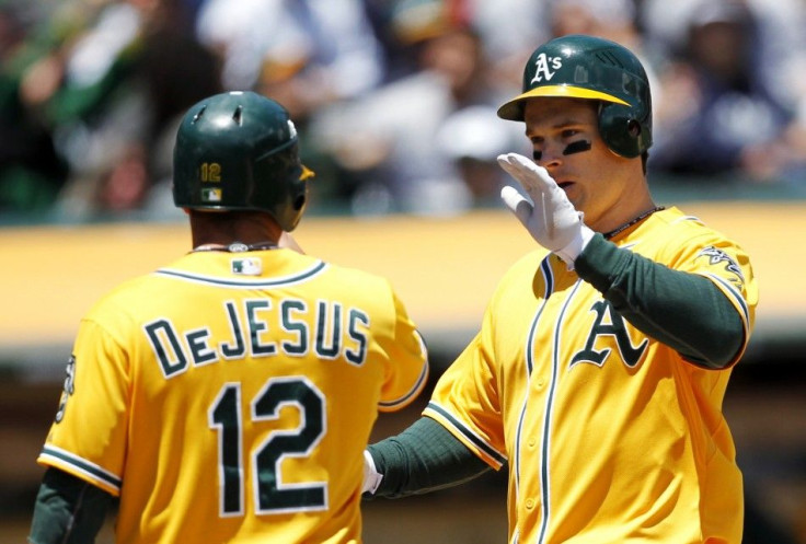 Oakland Athletics&#039; Willingham and DeJesus celebrate after a two-run home run during their MLB baseball game against New York Yankees in Oakland