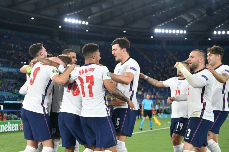 England players celebrate after scoring in their crushing Euro 2020 quarter-final win over Ukraine in Rome