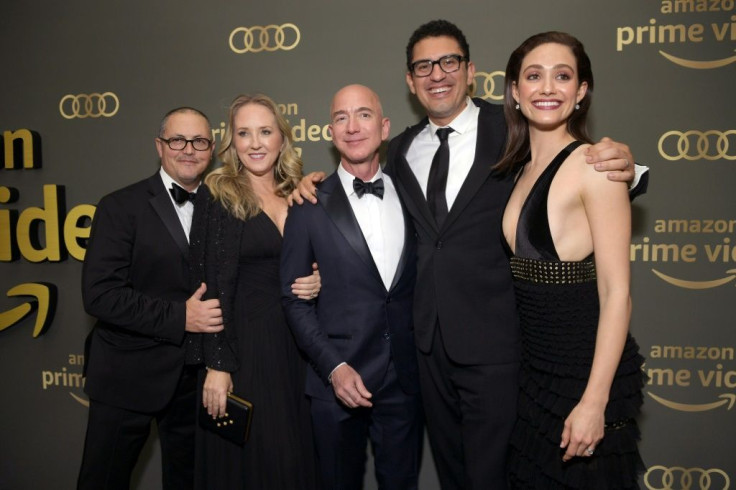 Jeff Bezos (center) is seen at the Amazon Prime Video's Golden Globe Awards After Party in 2019 highlighting the success of Amazon Studios