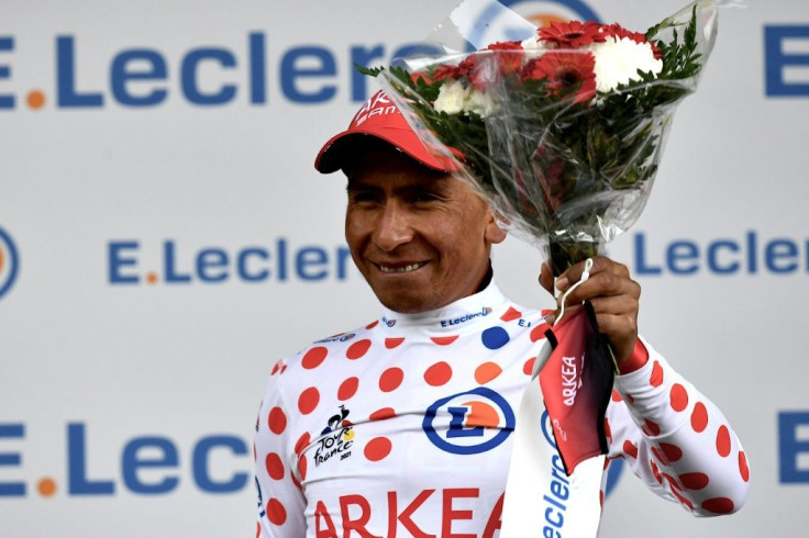 Nairo Quintana of Colombia celebrates best climber's polka dot jersey