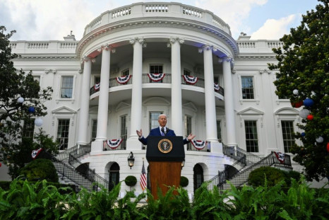 US President Joe Biden speaks during Independence Day celebrations on the South Lawn of the White House